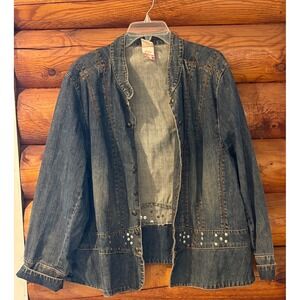 Faded Glory Womens Plus Denim Jacket Medium Wash Studded Western Hook Eye Blue